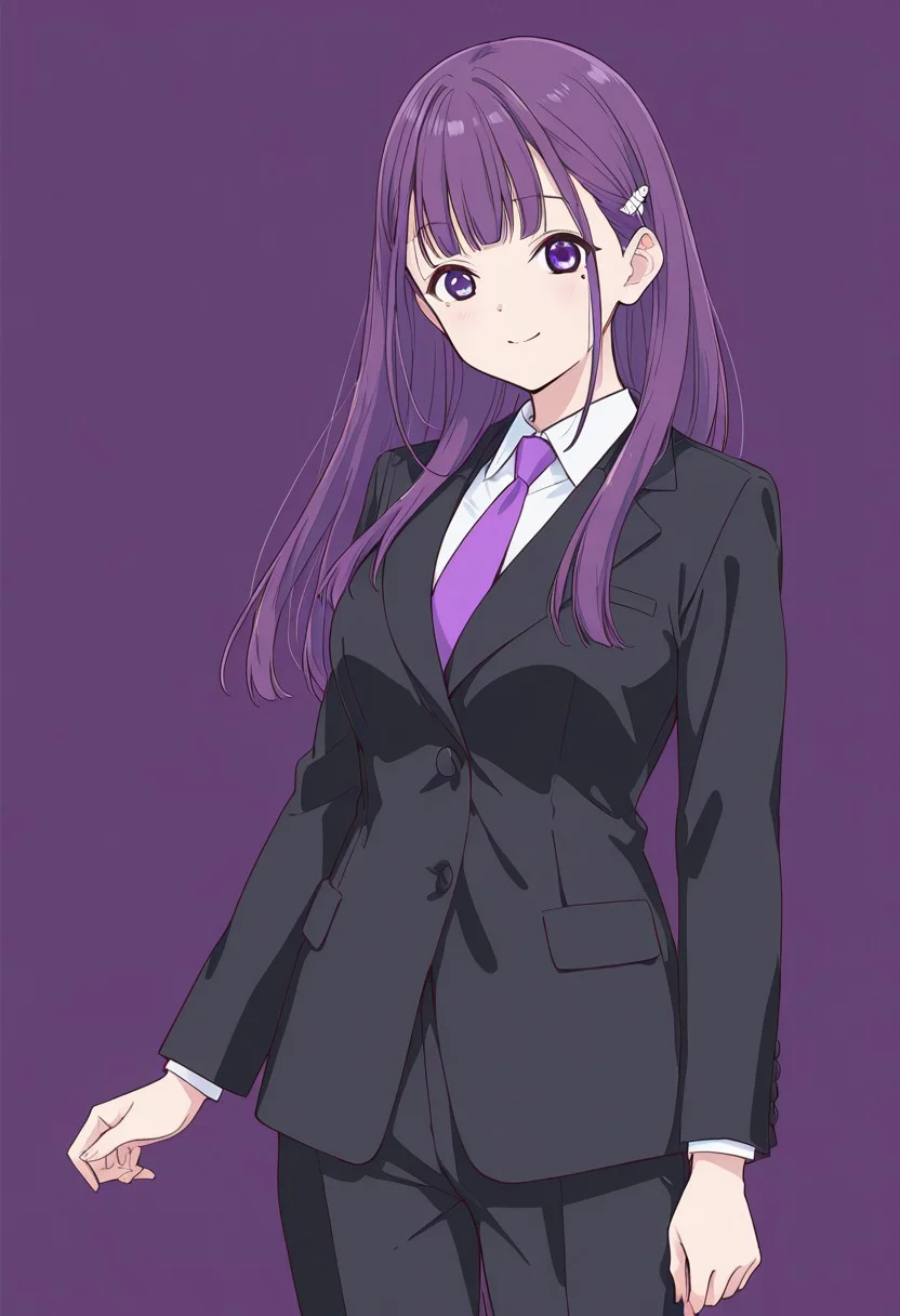 hires, high quality, anime coloring,
1girl, solo, hotaru ichinose, hotaru ichinose \(22/7\), purple hair, long hair, purple eyes, hair ornament, mole under eye, suit jacket, suit, black suit, purple necktie, collared shirt, large breasts, cowboy shot