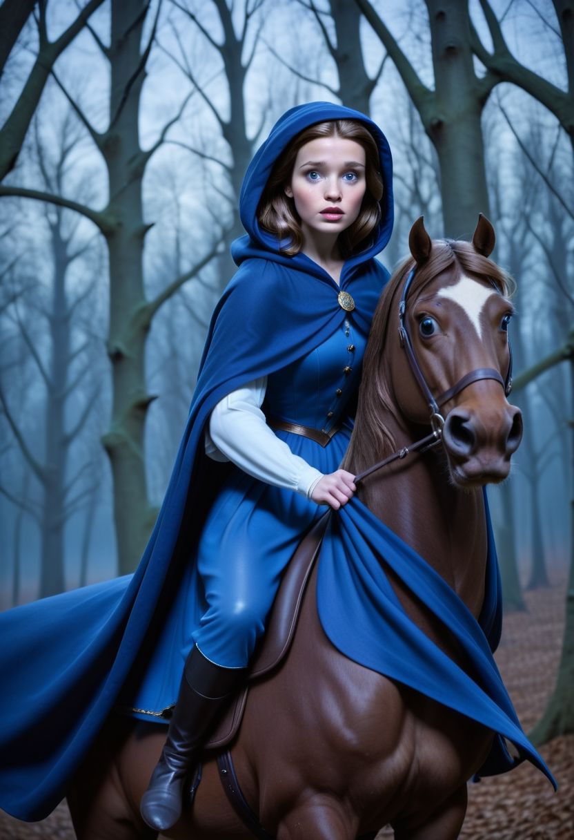 Raw photo, original style, very detailed face features,  Belle, riding horse, in dark forest , hooded in blue cape, majestic