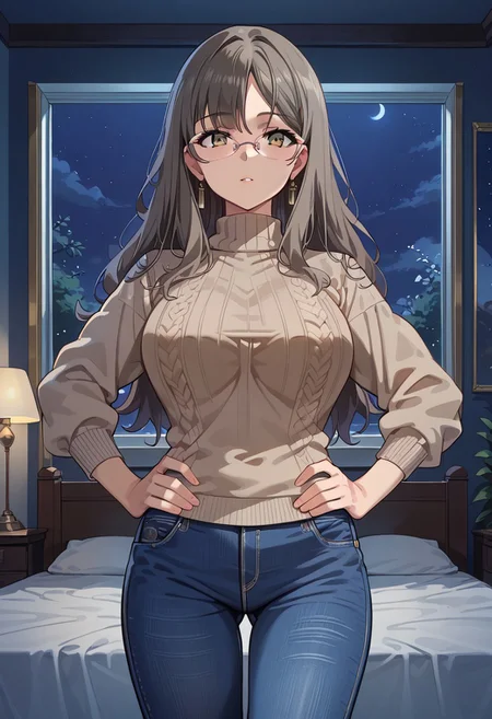 score_9, score_8_up, score_7_up, source_anime, masterpiece, best quality, high quality, highres, cinematic lighting, (solo, front view, closed up face, cowboy shot, bedroom, different angles), (Futaba_Rio, brown_eyes, grey_hair, long_hair, large_breasts, rimless_eyewear, simple sweater, brown sweater, blue pants, denim pants, detail hands, hands on hips, looking at viewer, standing, perfect anatomy, anatomically correct hands, 5 finger hands), (night, Expressiveh)