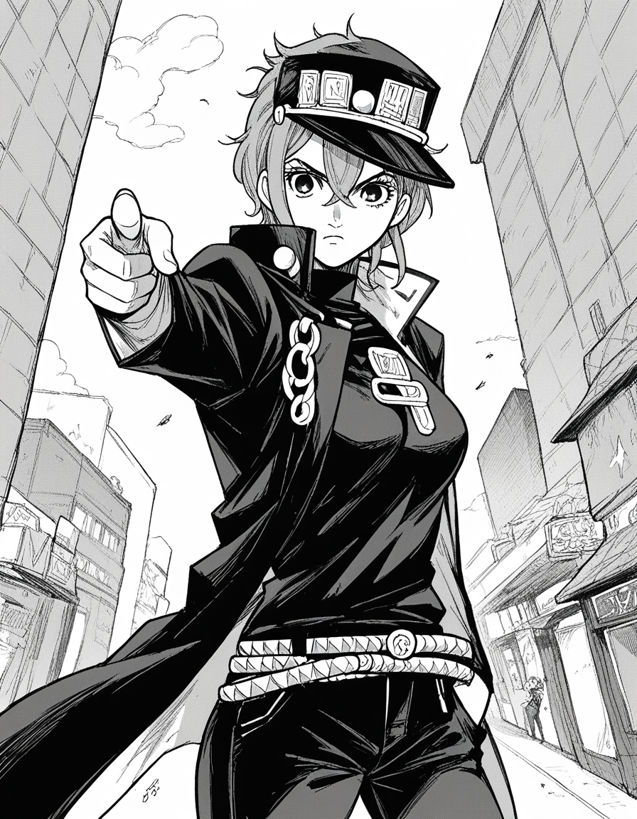 score_9, score_8_up, score_7_up, source_anime, <lora:aira-shiratori-manga-ponyxl-lora-nochekaiser:1>, aira shiratori, monochrome, greyscale, short hair, sidelocks, bangs, hair between eyes, medium breasts,, <lora:kujo-jotaro-cosplay-ponyxl-lora-nochekaiser:1>, kujo jotaro cosplay, kujo jotaro (cosplay), gakuran, cosplay, belt, black headwear, black jacket, black pants, high collar, multiple belts, pants, shirt,, street, jojo pose, pointing, hand in pocket, cowboy shot, looking at viewer,, , dutch angle, cowboy shot