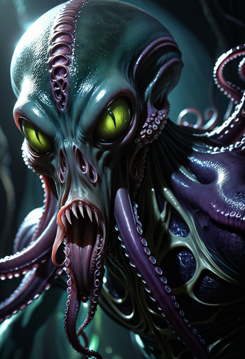 crouched in shadows, observing prey, pulsating psionic chambers, four long tentacles extending from mouth, close-up shot emphasizing tentacled face, dark, leathery skin, tentacled face, elongated cranium, shadow-heavy, flickering magical light, arcane and unsettling, slender, alien physique fantasy_random_lora, realistic, uhd, 8k, masterpiece, intricately detailed, cinematic, best quality, absurd resolution, fantasy art, fantasy race concept, artfully_mindflayer,  <lora:artfully_MINDFLAYER_SDXL:0.8>
