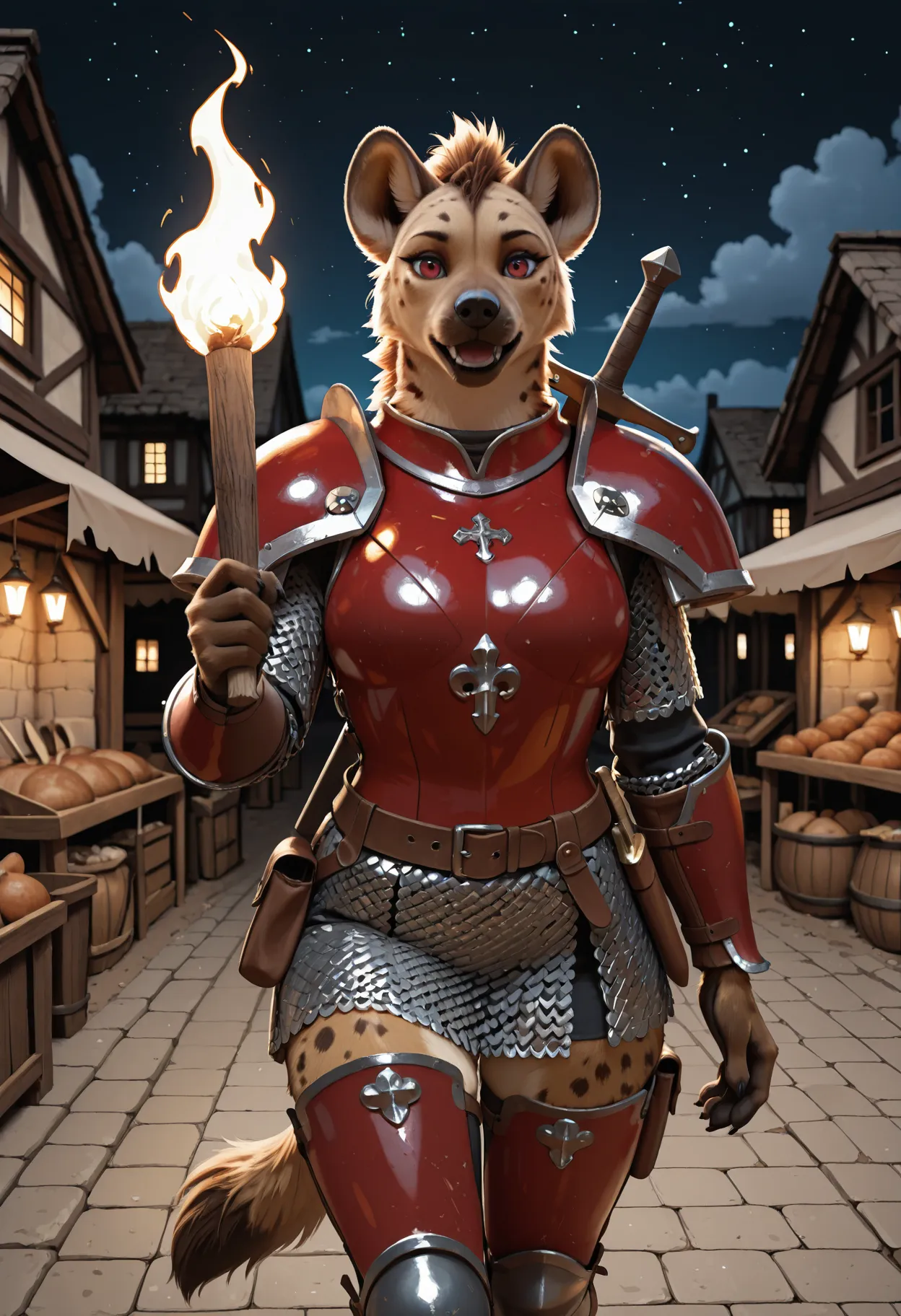 masterpiece, best quality, newest, absurdres, highres, safe, detailed lighting, realistic lighting, photo, realistic, realistic fur, detailed fur, tufts, fluffy, beautiful lighting, dark, high contrast, dark background, BREAK, solo, gnoll, 1girl, female, tan fur, brown fur, black snout, hyena, holding torch, red armor, metal armor, platemail armor, leg armor, pauldrons, chainmail, shiny armor, leggings, sword on back, looking at viewer, walking, red eyes, medium breasts, medieval village, cinematic, sky, night, stars, warrior, clouds, street, market, cowboy shot, feral, anthro, furry, straps, hip pouch,
<lora:Gnollv5Illusts97:0.8>