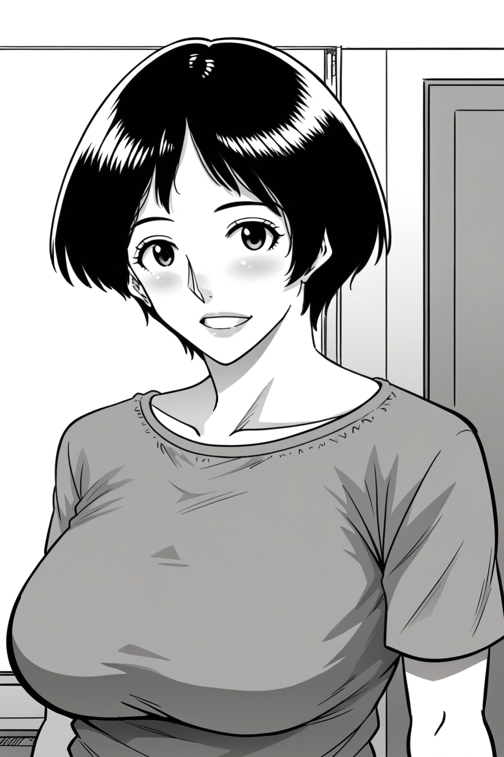 <lora:Hana_Hook-noriko:1>,noriko,1girl,mature female,greyscale,short hair,breasts,shirt,upper body,looking at viewer,indoors