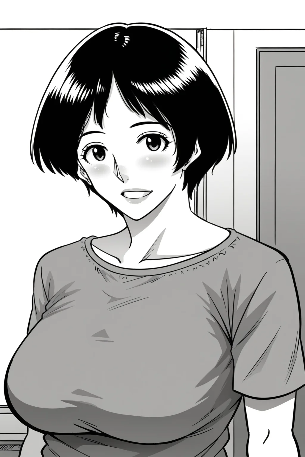 <lora:Hana_Hook-noriko:1>,noriko,1girl,mature female,greyscale,short hair,breasts,shirt,upper body,looking at viewer,indoors
