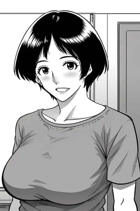 <lora:Hana_Hook-noriko:1>,noriko,1girl,mature female,greyscale,short hair,breasts,shirt,upper body,looking at viewer,indoors