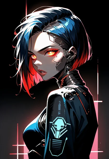 score_9, score_8_up, score_7_up, score_6_up, 19 year old, asian, e-girl, watercolor painting, cyborg, robotic, woman, skinny, petite, makeup, perky nose, parted lips, (hands down, arms down), machine, cybernetic skin, (puffy lips:0.85), bobcut, multicolored hair, looking at viewer, from above, left side view, portrait, g0th1c, glowing, neon lights, glowing eyes, geishastyle