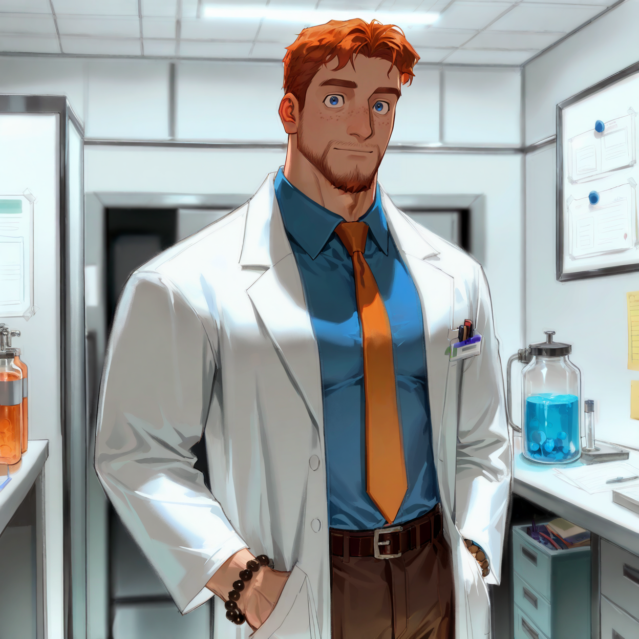 <lora:baf97a9d-8dbd-44d5-96aa-3f5804c77bc3.TA_trained:.7>, (coralcharles,orange hair,short hair,blue eyes,facial hair,freckles, lab coat, blue collared shirt, orange tie, brown pants, brown shoes, belt, clinic, bead bracelet,) 
upper body, 
(very short hair, beard, bara, mature, facial hair, stubble, beard, full beard, sideburn, beard, a lot of beard, ), facial hair,male focus, muscular male, muscular male, bara, mature,  bara, mature, aixiwuganda_(20222192), very awa, masterpiece, best quality, absurdres, newest, perfect quality, detailed background, intricate details,
<lora:slider_Body Type_alpha1.0_rank4_noxattn_last:3><lora:Anime Summer Days 2 Style SDXL_LoRA_Pony Diffusion V6 XL:.6><lora:slider_cfg_scale_boost:.7><lora:Artist6p:.55>, Artist6p, Artist04p,<lora:slider_il_brightness_slider_d1:-1><lora:slider_il_contrast_slider_d1:-1><lora:slider_DarkSlider1.2_alpha1.0_rank16_full_300steps:-.6>