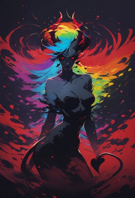 score_8_up, abstract, demon woman, horns, red eyes, demon tail, evil, rainbow hair, particles, breasts, colorful, abstract background,   <lora:NoctAbstractConcept:1>