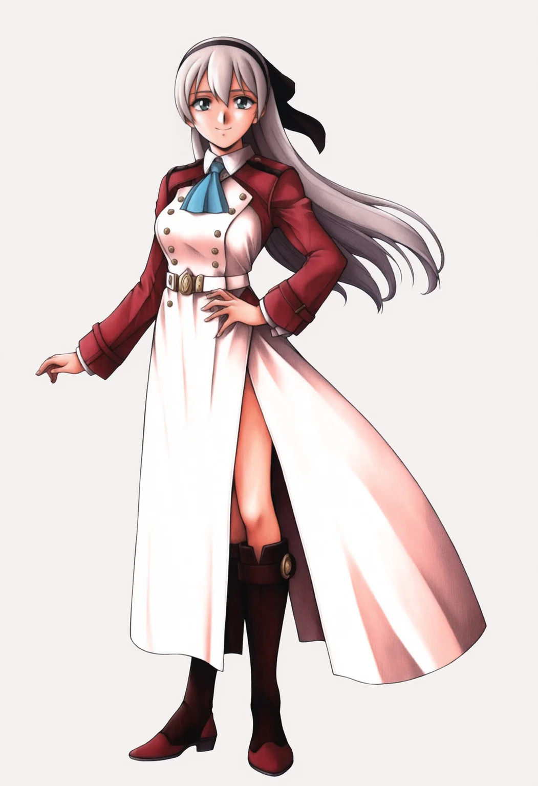 masterpiece, best quality, solo, 1girl, smile, looking at viewer, <lora:FF7-Offical-Art-illus_Fp:1>, 1990s \(style\), simple background, full body, standing, elie macdowell, black hairband, hair ribbon, long hair, blue ascot, uniform, long red sleeves, white dress,