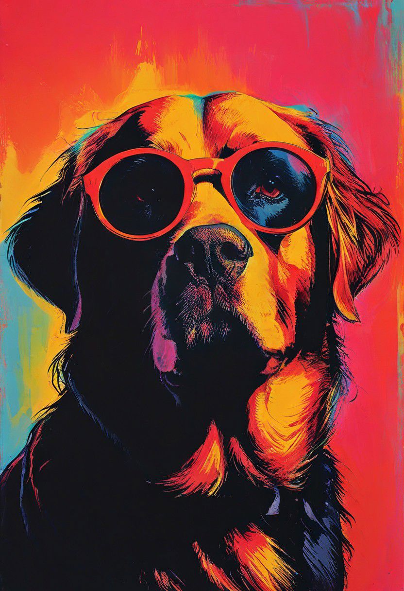 impactful color paint of, a Golden Retriever, wearing dark sunglasses, highly detailed, vibrant colors , 8k, sharp, professional, clear, high contrast, high saturated, , vivid deep blacks, crystal clear