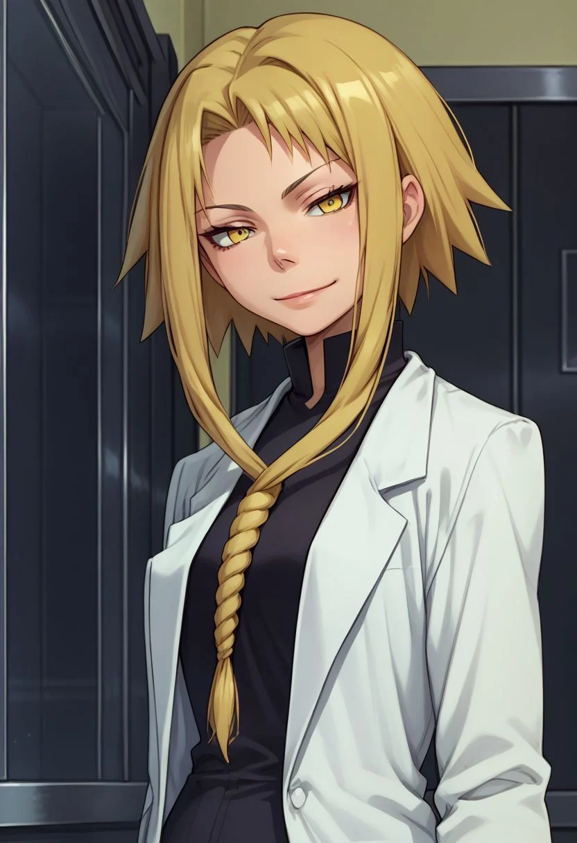 score_9, score_8_up, score_7_up, source_anime, highly detailed,
medusa, 1girl, solo, labcoat, braid, blonde hair, short hair with long locks, yellow eyes, smile, upper body, sidelocks,
indoor, infirmary,