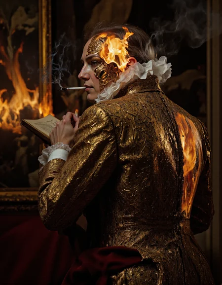 from behind, Plasmoids, Rembrandt style Portrait of brutal dressed old man, beautiful, cinematic, dynamic, glowing, elegant, intricate, highly detailed, dramatic light, sharp focus, fine detail, illuminated, divine background, professional, directed, delicate, very coherent, extremely attractive, pleasing, stunning, inspired, epic, iconic, astonishing, creative, best, perfect, romantic, thoughtful, ideal, cool, awesome, mid body portrait . Baroque, chiaroscuro, realistic, emotional, "flat lighting, holding_cigarette, holding_book, with charisma. 50mm lens, f/2.8, focused on eyes, natural, <lora:nastassia:1>, lighting