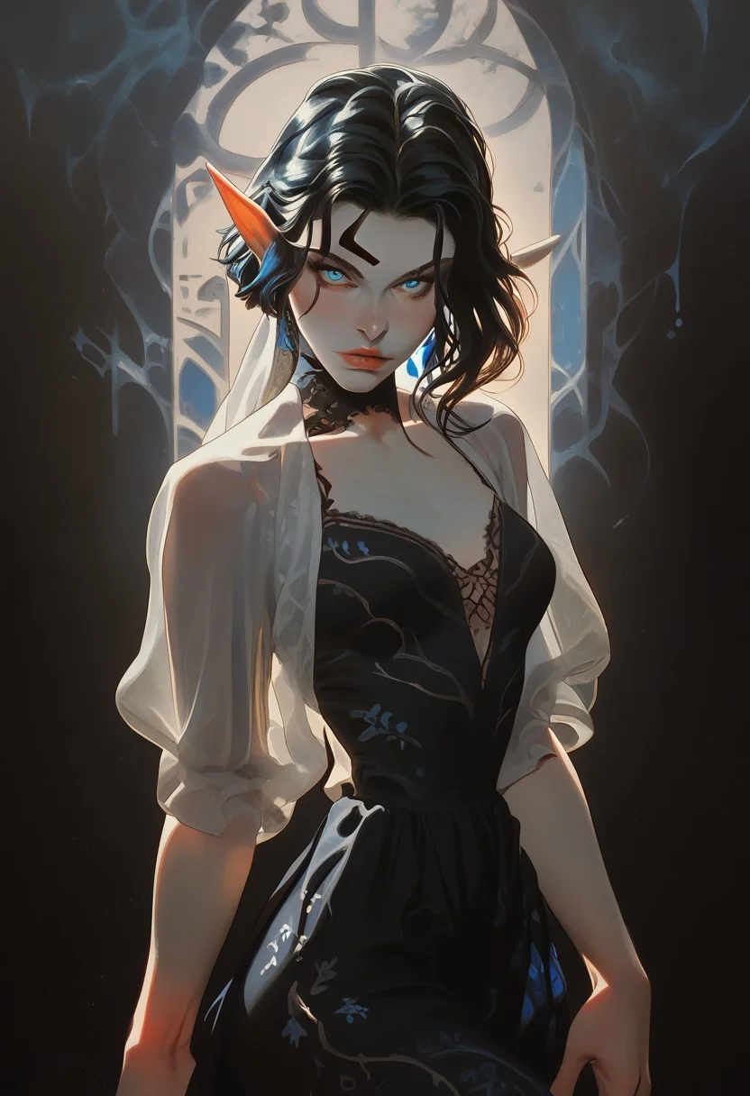 score_9, score_8_up, score_7_up,
1 girl, solo,
elf woman, beautiful, delicate,
black hair,
pale skin, milky skin,
light blue eyes, looking at viewer,
petite body,
dark blue intricate dress,
dynamic pose, sexy posing,
fantasy, elvish style,