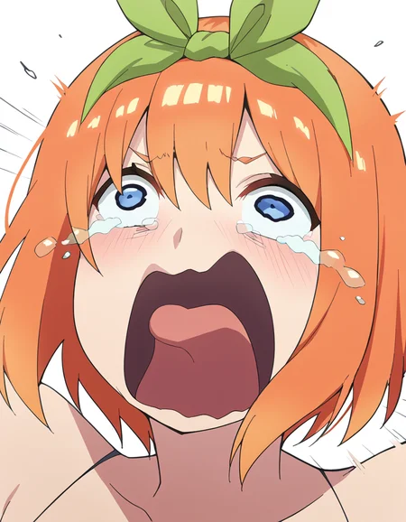 score_9, score_8_up, score_7_up, source_anime, <lora:yotsuba-nakano-s2-ponyxl-lora-nochekaiser:1>, yotsuba nakano, bangs, short hair, blue eyes, hair between eyes, hair ribbon, hairband, orange hair, green ribbon, large breasts,, <lora:crying-aqua-ponyxl-lora-nochekaiser:1> crying aqua, crying aqua (meme), screaming, crying, crying with eyes open, tears, tongue, open mouth,, ,