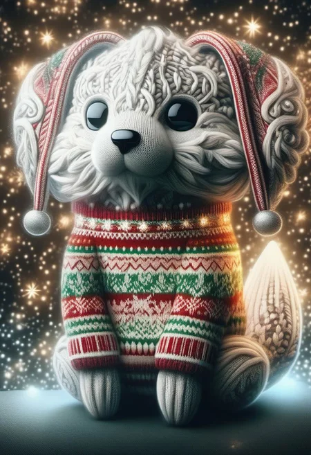 christmassweater, Highly detailed Dynamic shot of majestic adorable santa dog, high quality, beautiful masterpiece, fantasy creature, kawaii, digital art, glowing sparkles