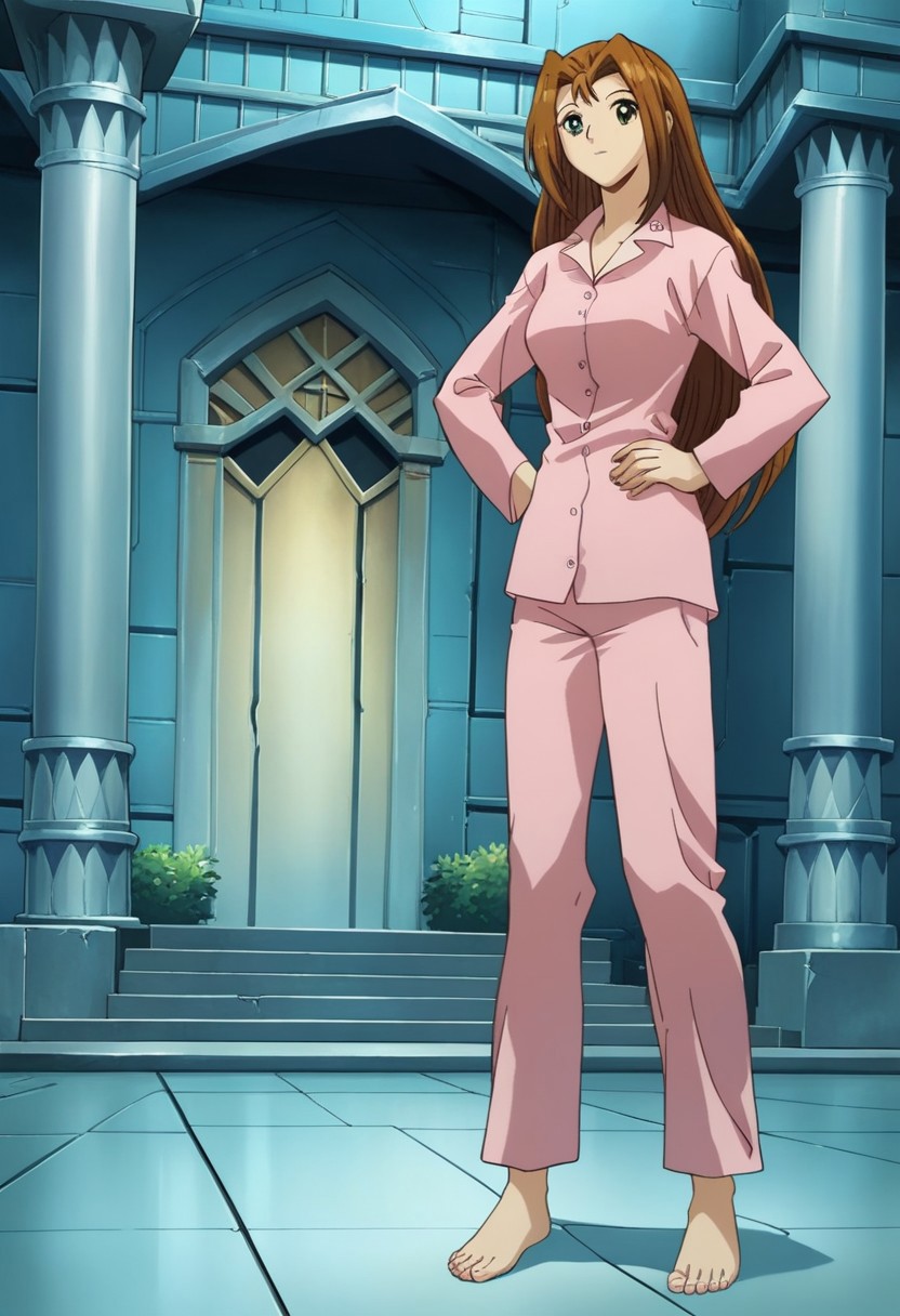 score_9, score_8_up, score_7_up
YGOSerenityWheeler, 1girl, long hair, brown hair, hair intakes, green eyes, brown eyes, pink pajamas, pink shirt, long sleeves, pink pants, bare feet, toes
Rating_safe
standing, hands on hip, FULL body, cowboy shot, temple, indoors, ruins, pillars, close-up shot, face focus, female focus