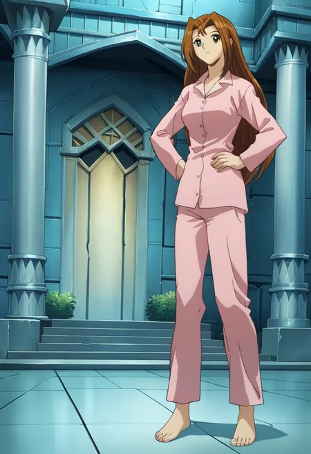 score_9, score_8_up, score_7_up
YGOSerenityWheeler, 1girl, long hair, brown hair, hair intakes, green eyes, brown eyes, pink pajamas, pink shirt, long sleeves, pink pants, bare feet, toes
Rating_safe
standing, hands on hip, FULL body, cowboy shot, temple, indoors, ruins, pillars, close-up shot, face focus, female focus