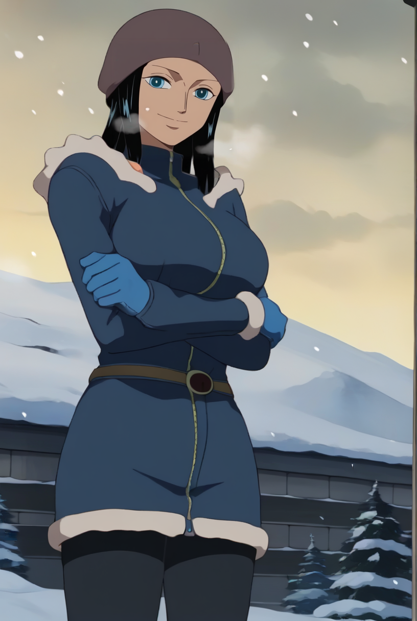 score_9, score_8_up, source_anime,  BREAK solo, 1girl, looking at viewer,cowboy shot, 
<lora:NicoRobinAIOPdxlDwnsty:1>, episodeofchop, blue eyes, black hair, medium hair, blunt bangs, dark-skinned female, winter clothes, jacket, long sleeves, black pantyhose, blue gloves, belt, fur trim, beanie, full-length zipper, zipper pull tab, 
large breasts, smile, cold, crossed arms, 
outdoors, nature, winter, snowing, snow, tree, cloudy sky,