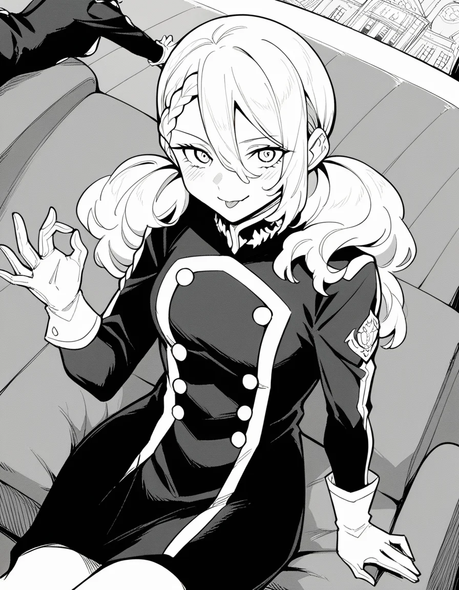 score_9, score_8_up, score_7_up, source_anime, <lora:varvara-pilipenko-manga-ponyxl-lora-nochekaiser:1>, varvara pilipenko, greyscale, monochrome, long hair, hair between eyes, braid, twintails,, gloves, uniform, military, military uniform, amusement park, rides, crowds, fun, colorful, , <lora:money-gesture-ponyxl-lora-nochekaiser:1>, money gesture, blush, sitting, couch, arm support, smile, tongue out, knee up, from above, looking at viewer, solo,, dutch angle, cowboy shot