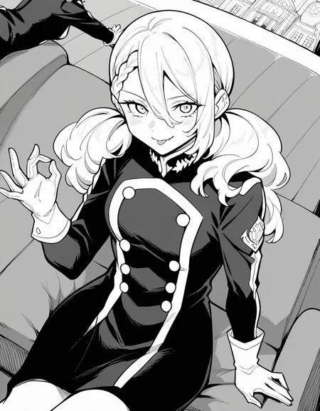 score_9, score_8_up, score_7_up, source_anime, <lora:varvara-pilipenko-manga-ponyxl-lora-nochekaiser:1>, varvara pilipenko, greyscale, monochrome, long hair, hair between eyes, braid, twintails,, gloves, uniform, military, military uniform, amusement park, rides, crowds, fun, colorful, , <lora:money-gesture-ponyxl-lora-nochekaiser:1>, money gesture, blush, sitting, couch, arm support, smile, tongue out, knee up, from above, looking at viewer, solo,, dutch angle, cowboy shot