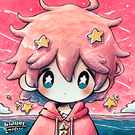 <lora:zukky000:1.5>
<lora:Kirby_Gijinka:1> pink hair, solo, blue eyes, 1boy, short hair, star (symbol), ahoge, pink hoodie