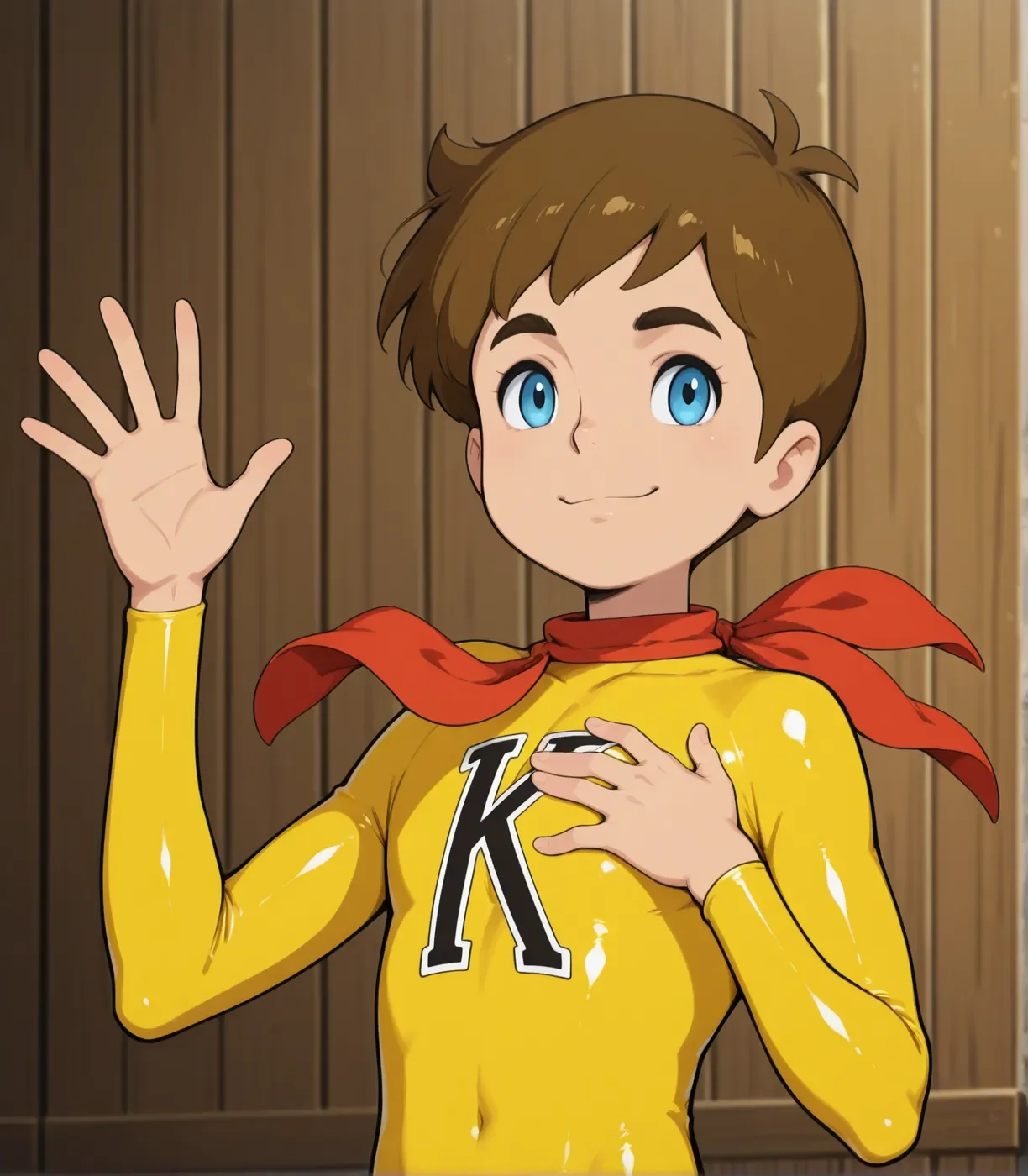 izumiken, clothing, neckerchief,best quality, absurdres, 8k,1boy, yellow clothes,yellow bodysuit, brown hair,closed mouth,smile,eyes,upper body,solo,waving,hand on own chest,<lora:chargeManKen:1>