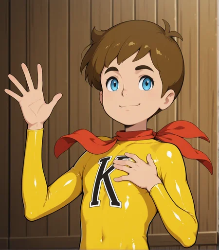 izumiken, clothing, neckerchief,best quality, absurdres, 8k,1boy, yellow clothes,yellow bodysuit, brown hair,closed mouth,smile,eyes,upper body,solo,waving,hand on own chest,<lora:chargeManKen:1>