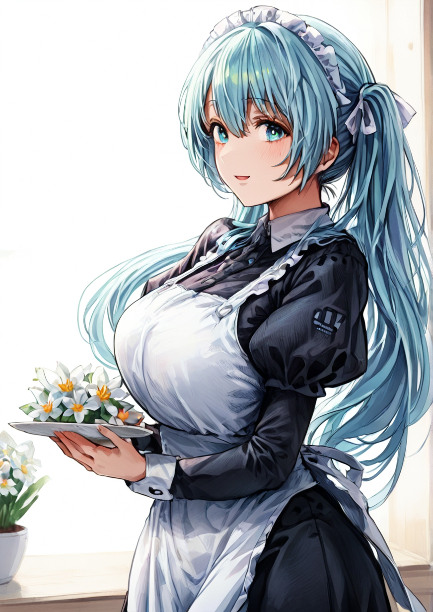 1girl, hatsune miku, huge breast, , apron, black dress, blue eyes, blue hair, dress, flower, from side, long hair, long sleeves, looking at viewer, maid, maid apron, puffy sleeves, sidelocks, sleeve cuffs, smile, solo, twintails, very long hair, white flower, <lora:ãã°ã¡ããgibagiba:1> zPDXL3