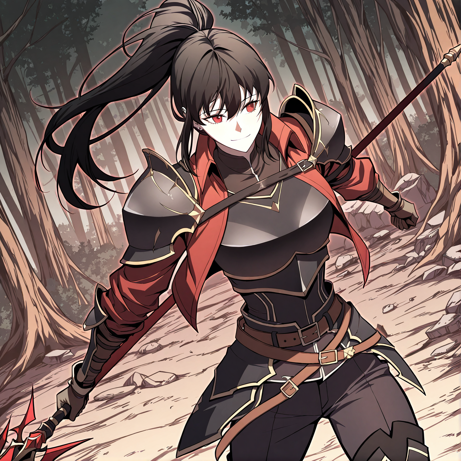 <lora:Cheon_Yooha_v2:1>
1 girl, solo, ponytail, black hair, long heir, bangs, red eyes, ear piercing
armor, shoulder armor, pauldrons, breastplate, brown gloves, black boots, belt, red jacket
score_9, score_8_up, score_7_up, very aesthetic, source_anime, detailed, high quality, beautiful, masterpiece, detailed eyes, forest, tree, ruins, cowboy shot, dynamic angle, upper body, light smile, dynamic pose, holding, holding a spear