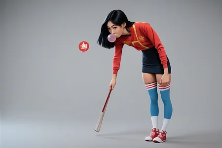 Mulan realistic, thighhighs, tight clothes, bubble gum, <lora:2000s_Indie_Sleaze:0.6> <lora:princess_pony_v1(1):0.55> fine fabric emphasis,, score_9, score_8_up, score_7_up, score_6, score_5, score_4,