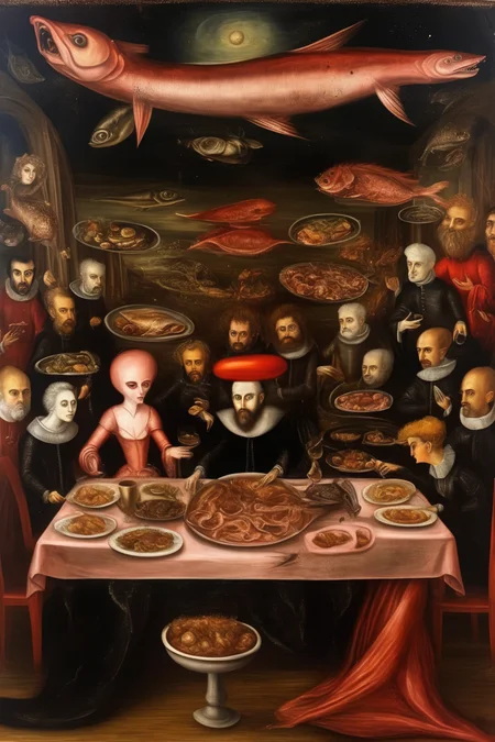 <lora:Leonora Carrington Style:1>Leonora Carrington Style - a Tintoretto painting depicting a dinner table but full of surrealistic details in the style of Leonora Carrington