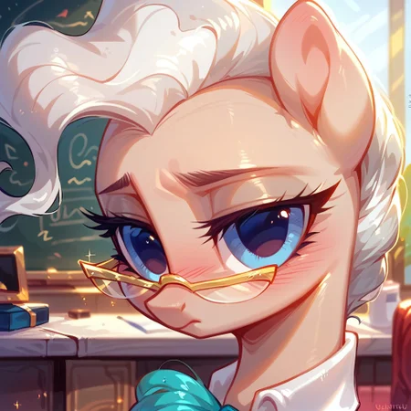 rating_safe, score_9, score_8_up, score_7_up, pony, feral, cute, Mayor Mare, 1girl, non-human, glasses, blue eyes, beige skin, quadruped, animal, pony, gray hair, tail, indoors, pretty face, curvy and petite, heavy blush, light makeup, volumetric lighting, vivid colours, detailed, shiny
