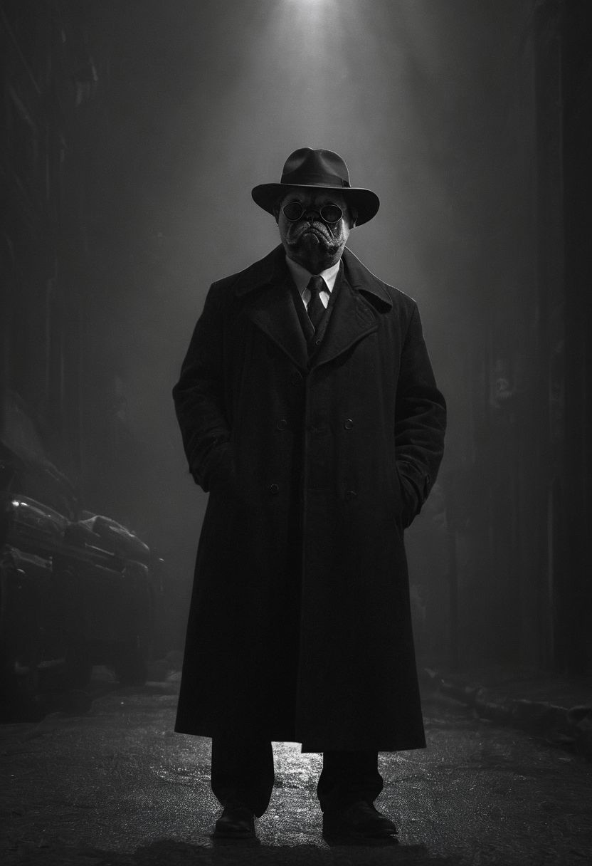 (anthropomorphic pug: 1.49) noir detective in Los Angeles,, Volumetric lighting, concept art, sharp focus, digital art <lora:xl_more_art-full_v1:0.8> <lora:Into_Darkness:0.8>, fedora, smokey, trench coat, revolver held at ready