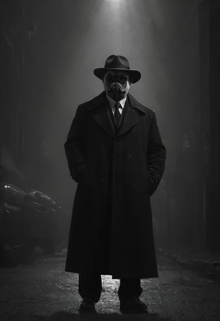 (anthropomorphic pug: 1.49) noir detective in Los Angeles,, Volumetric lighting, concept art, sharp focus, digital art <lora:xl_more_art-full_v1:0.8> <lora:Into_Darkness:0.8>, fedora, smokey, trench coat, revolver held at ready