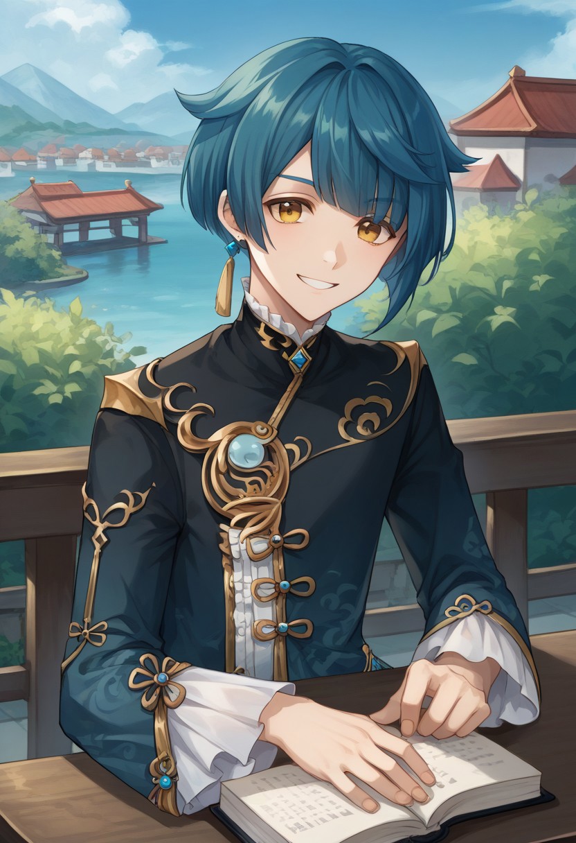 score_9, score_8_up, score_7_up, source_anime, highly detailed, 
Xingqiu, 1boy, male focus, solo, dark blue hair, bangs, short hair, yellow eyes, jewelry, earrings, single earring, tassel earrings, tassel, chinese clothes, coat, blue coat, frills, shirt, frilled shirt collar, upper body, smile,
outdoor, building, oriental, sit, book, table,