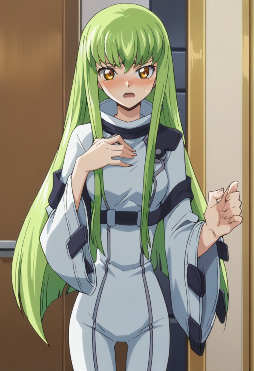 score_9, score_8_up, score_7_up, source_anime,
1girl, solo,
 <lora:C.C.:.8>,
 green hair, long hair, yellow eyes, bangs, breasts,
White bodysuit, straightjacket, wide sleeves, long sleeves
slender, 
three quarter view.
looking at viewer, 
flustered,
blush, embarrassed,
 open mouth, fidgeting,standing,hand on own chest,