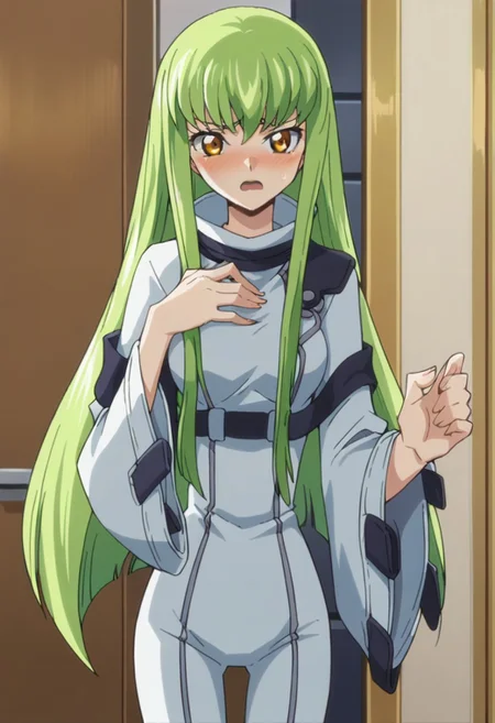 score_9, score_8_up, score_7_up, source_anime,
1girl, solo,
 <lora:C.C.:.8>,
 green hair, long hair, yellow eyes, bangs, breasts,
White bodysuit, straightjacket, wide sleeves, long sleeves
slender, 
three quarter view.
looking at viewer, 
flustered,
blush, embarrassed,
 open mouth, fidgeting,standing,hand on own chest,