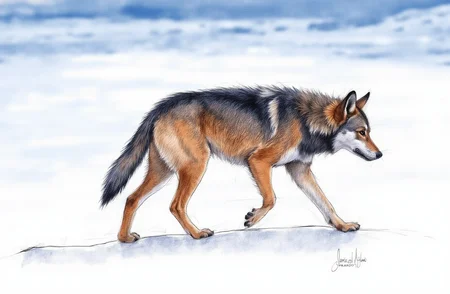 Sharp image of a rough sketch, rendered in vibrant multi colour ballpoint pen, capturing the adorable features of a portait of a wolf walking on a snowy landscape. The wolf is walking on all fours, with its body facing towards the right side of the image. Its head is turned slightly to the left, and its eyes are focused intently on something in the distance. Its fur is a mix of brown and black, with a hint of grey on its chest and back. Its ears are perked up and its mouth is slightly open, as if it is alert or ready to pounce. The background is blurred, but it appears to be a vast expanse of snow and ice, with patches of blue sky above. The overall mood of the photograph is cold and desolate.  p3nsk, <lora:p3nsk:1>