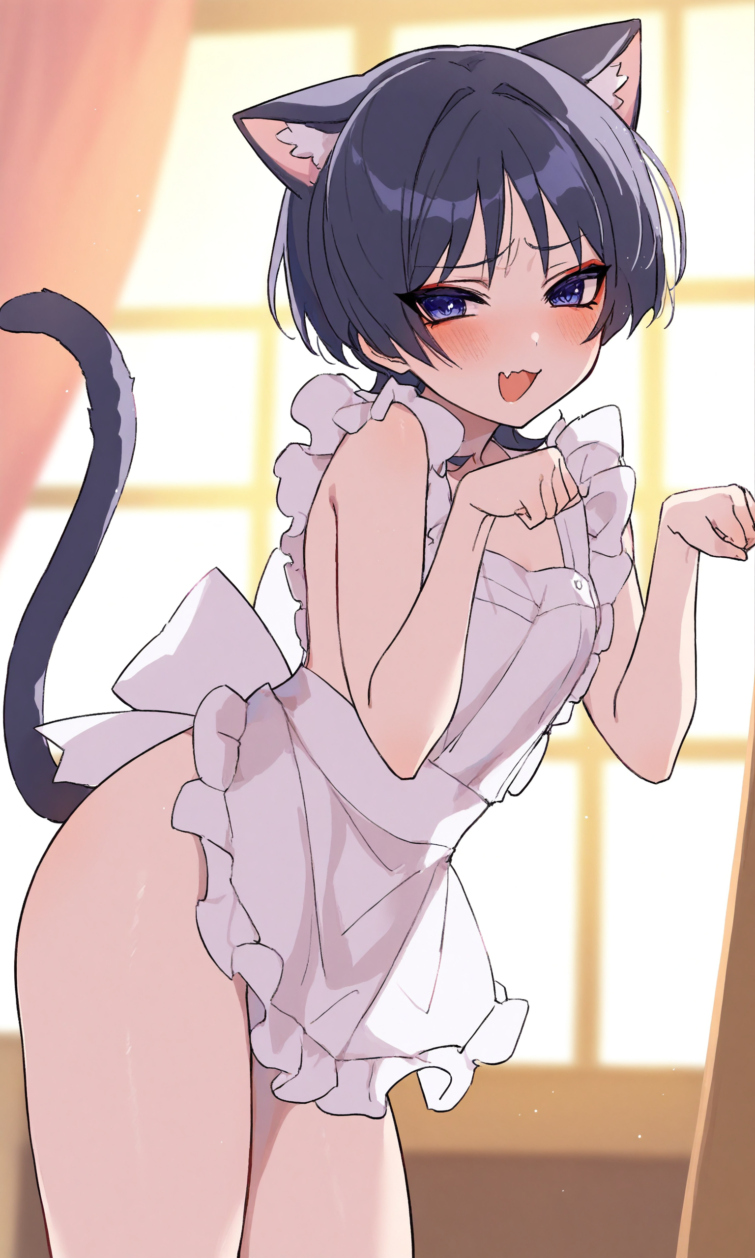masterpiece, best quality, high resolution, absurdres, 1boy, waistyle, scaramouche_(genshin_impact). cat_ears, cat_tail, looking_at_viewer, naked_apron, paw_pose, skin_fang, indoors, blush, thighs