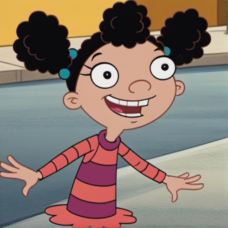 1girl, solo, povenmirestyle2, child, solo, black hair, open mouth smile, black eyes, striped dress, cartoon screencap, toon \(style\), <lora:povenmirestyle2:1>, <lora:Timberly:0.7>,