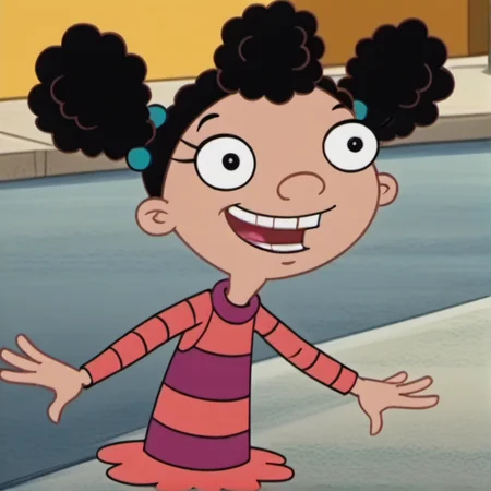 1girl, solo, povenmirestyle2, child, solo, black hair, open mouth smile, black eyes, striped dress, cartoon screencap, toon \(style\), <lora:povenmirestyle2:1>, <lora:Timberly:0.7>,