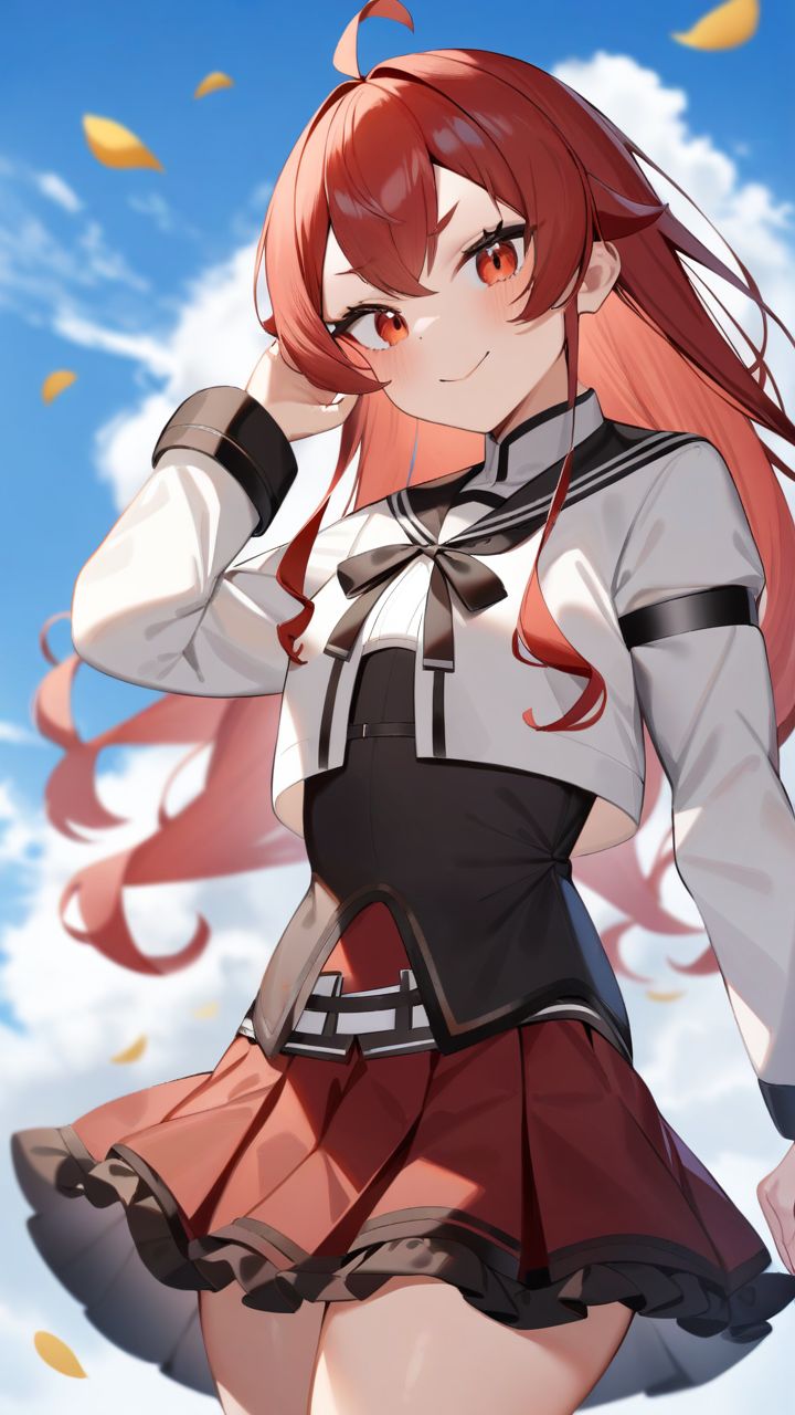 <lora:Mushoku_Tensei XL2:1>,1girl,solo,outdoors,cowboy shot,looking at viewer,falling petals,hand up,smile,closed mouth,red skirt,white jacket,cropped jacket,frilled skirt,white shirt,pleated skirt,long sleeves,high quality,cloud,day,blue sky,school uniform,eris_greyrat, masterpiece,best quality,very aesthetic,absurdres
