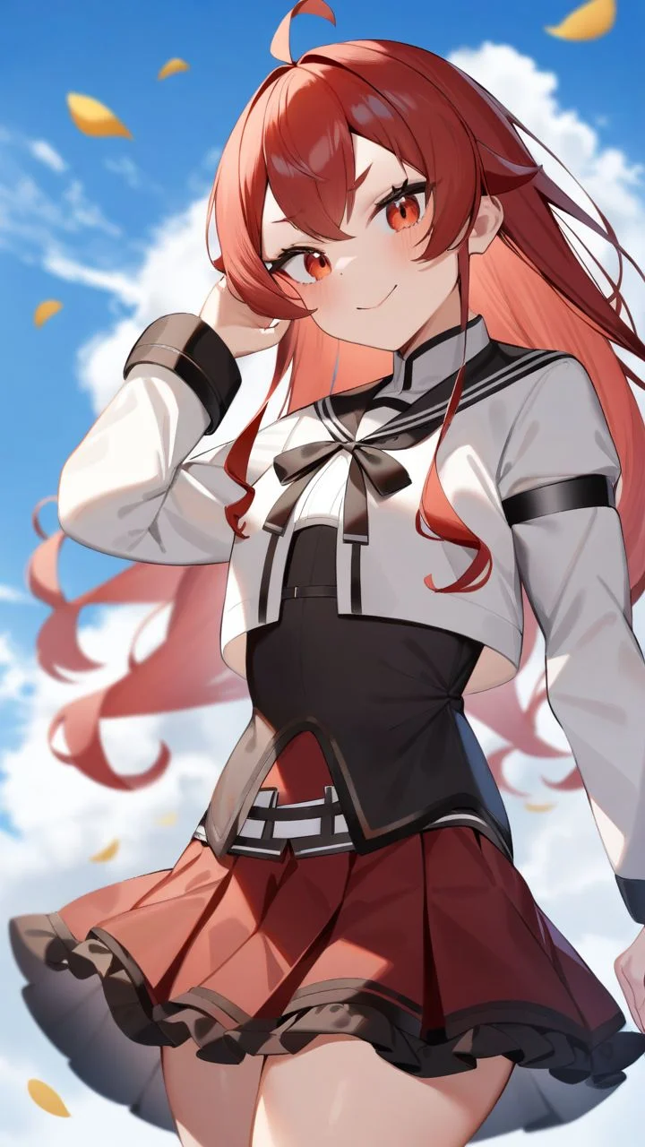 <lora:Mushoku_Tensei XL2:1>,1girl,solo,outdoors,cowboy shot,looking at viewer,falling petals,hand up,smile,closed mouth,red skirt,white jacket,cropped jacket,frilled skirt,white shirt,pleated skirt,long sleeves,high quality,cloud,day,blue sky,school uniform,eris_greyrat, masterpiece,best quality,very aesthetic,absurdres