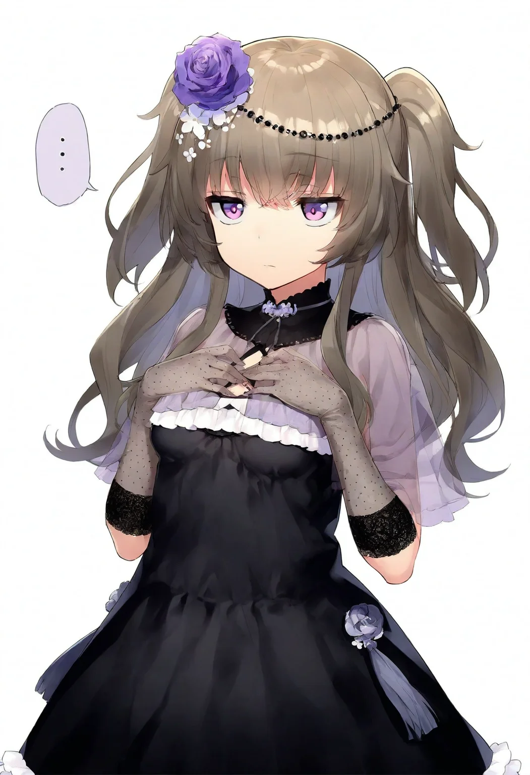 high definition, amazing quality, very aesthetic, best quality, masterpiece, highres, 
1girl, solo, looking at breasts, hands on own chest, ..., 
<lora:meimei_himari_character_NoobAI_v1:1> meimei himari, brown hair, two side up, purple eyes, hair ornament, hair flower, rose, 
black dress, frills, see-through, fishnet gloves, elbow gloves,