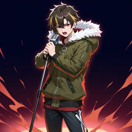 masterpiece,best quality,amazing quality,ryoga jasei,1boy,male focus,microphone,solo,microphone stand,open mouth,jacket,pants,holding,long sleeves,hood,singing,holding microphone stand,holding microphone,looking at viewer,brown fur-trimmed hooded jacket,standing,aura,<lora:Ryoga_Jasei:0.9>,