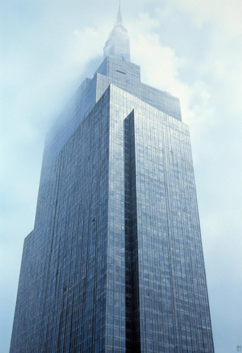 photorealistic painting of a skyscraper seen from below, its tip partially hidded in clouds, soft light, very detailed <lora:hyperrealism-000103:1>