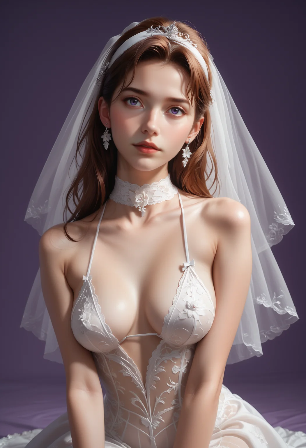 score_9, score_8_up, score_7_up, score_7, score_6_up, score_5_up, portrait, beautiful woman portrayed in her naturalness:sensual,noble,pure and self-confident,soft,sporty, reij-pr01, white long wedding dress, silk dress, white choker, spaghetti straps, white veil, white earrings <lora:pure01-000005:0.9>, upper body, simple purple background, red lips, sitting on ground