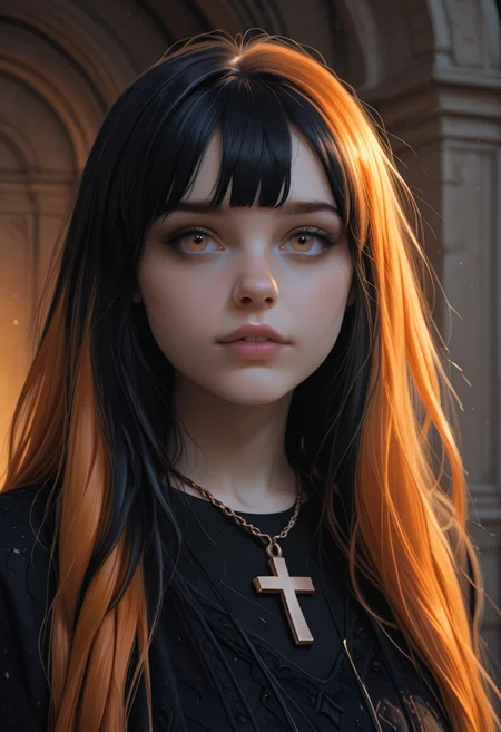 extremely detailed, masterpiece, ultra-HD, cinematic lighting, sharp focus, neutral background,black hair orange hair ends, hair bangs,upper body, Copper_Character, cross necklace.