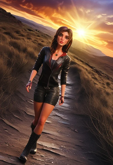 score_9, score_8_up, score_7_up, score_6_up, score_5_up, score_4_up, Expressiveh, BREAK, RAW, 8k, source_real, masterpiece, high quality,  strong shading, strong lighting, 1girl, 30 years old, tall, thin,
easynegative, traditional media, show accurate:1.4,  outdoor, (day time:0.7), sun, 
easynegative, standing up, (walking:1.9), (front view:1.5), wind, sunset, desert, car, canyon, strong wind, red sky, clouds,
face_detail, skin_detail, lustrous_skin, skindentation,  nail polish, lipstick, shank, 
cleavage, hooped earrings, fingerless gloves, tattoo, brown hair, badass, high heels, high heel boots, lace boots, black boots, spikes,
(perfect anatomy:1.9), (tilted camera angle:2.0), cinematic style, red lamborghini,  disney style,
full body visible, sultry, slender hips, overactive hips, zPDXL3, nylnft, (sultry pose:1.6), watercolor \(medium\), traditional media, irl, (realistic style:1.8), realistic fire effect,