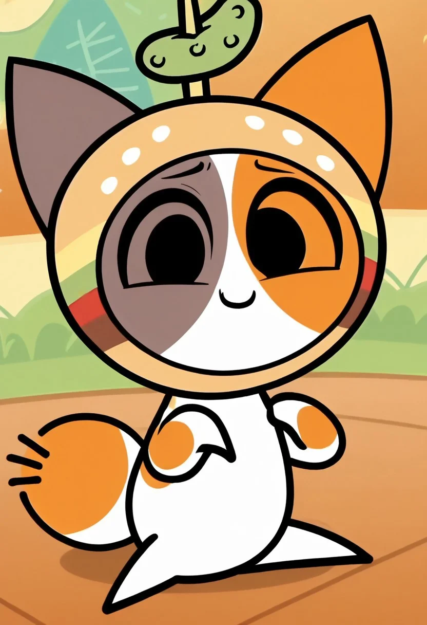 score_9, score_8_up, score_7_up, show accurate, screencap, solo, cheezborger, cat, burger, pickle, chibi, cute, solo, solo focus, dot eyes, pose, smile, solo, solo in panel, full body, hands, legs, paws, hand paws, silly, looking at viewer, sitting, indoor,